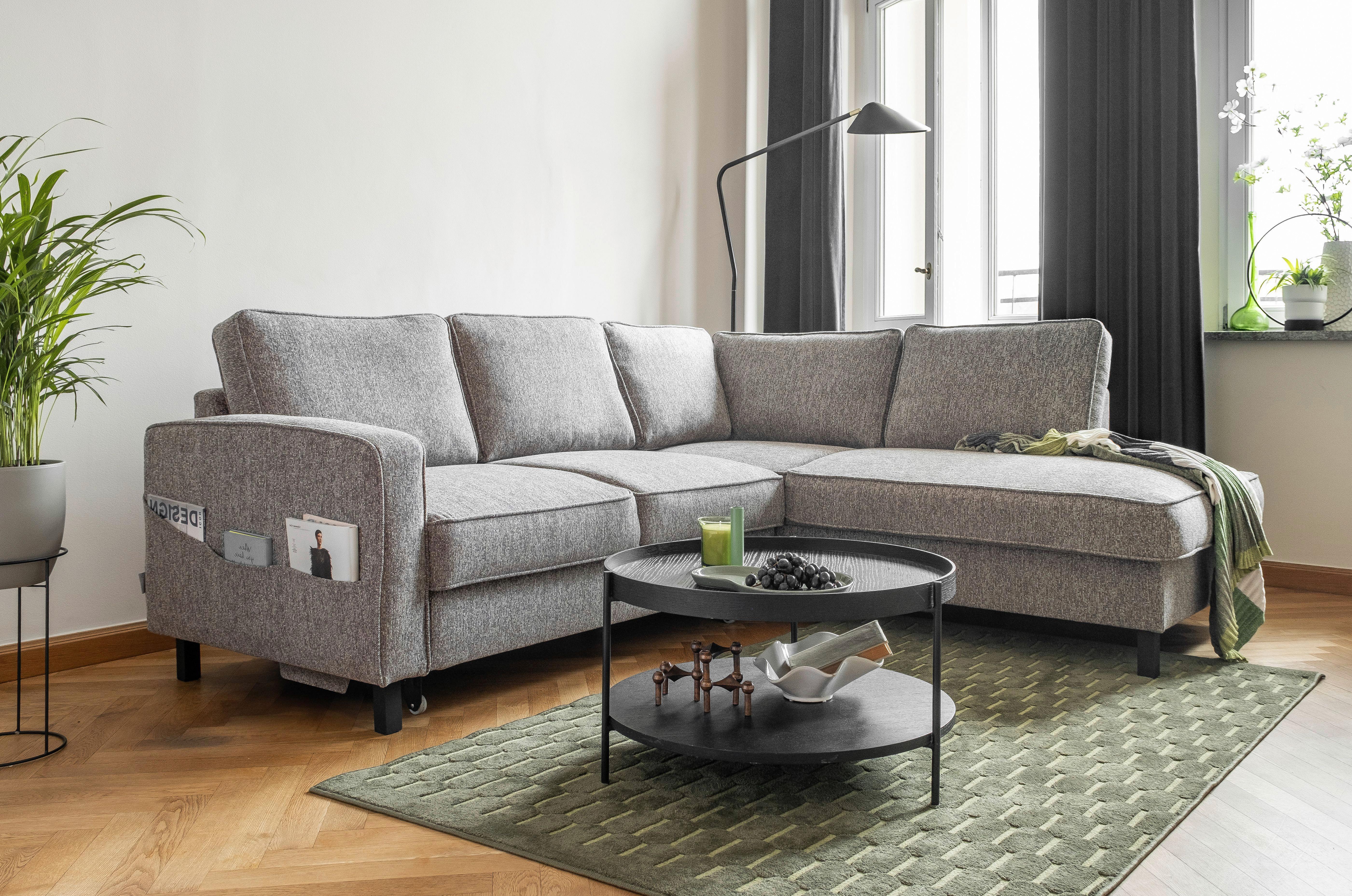 Sedačka MELANIE L, pravá, šedá, lůžko na spaní - šedá/černá, dřevo/textil (233/198cm) - MID.YOU