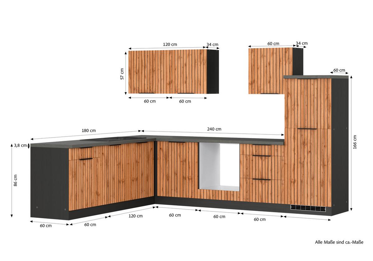 Eckküche Liverpool Graphit/ Eiche Dekor S: 300x240 Cm - Schieferfarben/Eiche Wotan, Basics, Holzwerkstoff (300/240cm) - Held