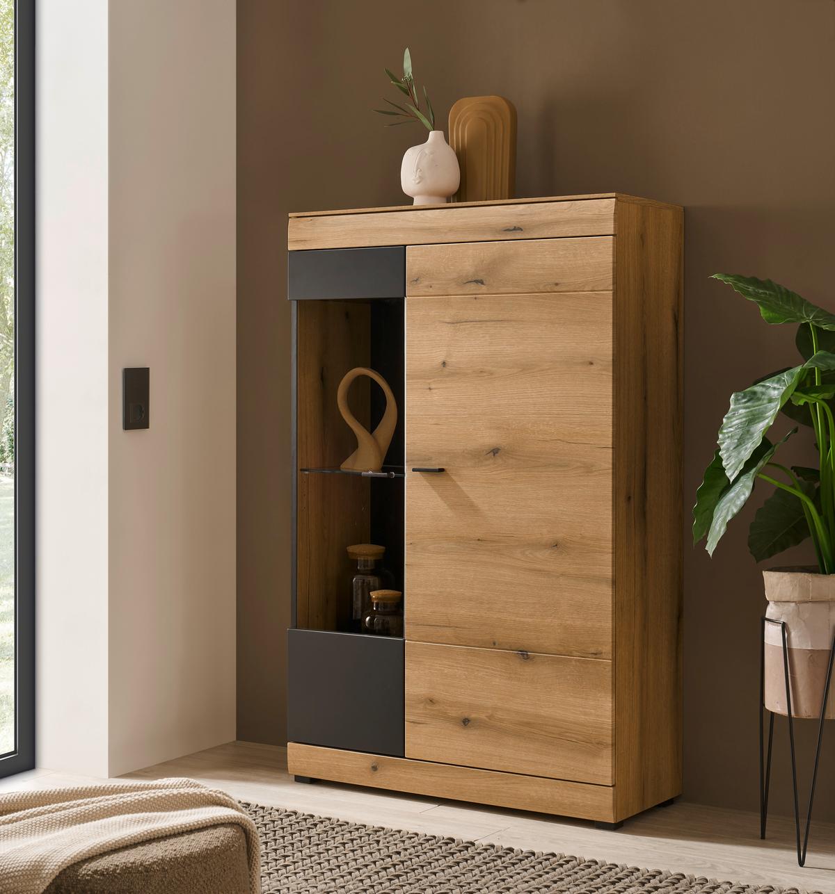 Vitrine Soleto Graphit-/Eichefarben B: 90cm - Eichefarben/Schwarz, Design, Glas/Holzwerkstoff (90/141/35cm) - MID.YOU