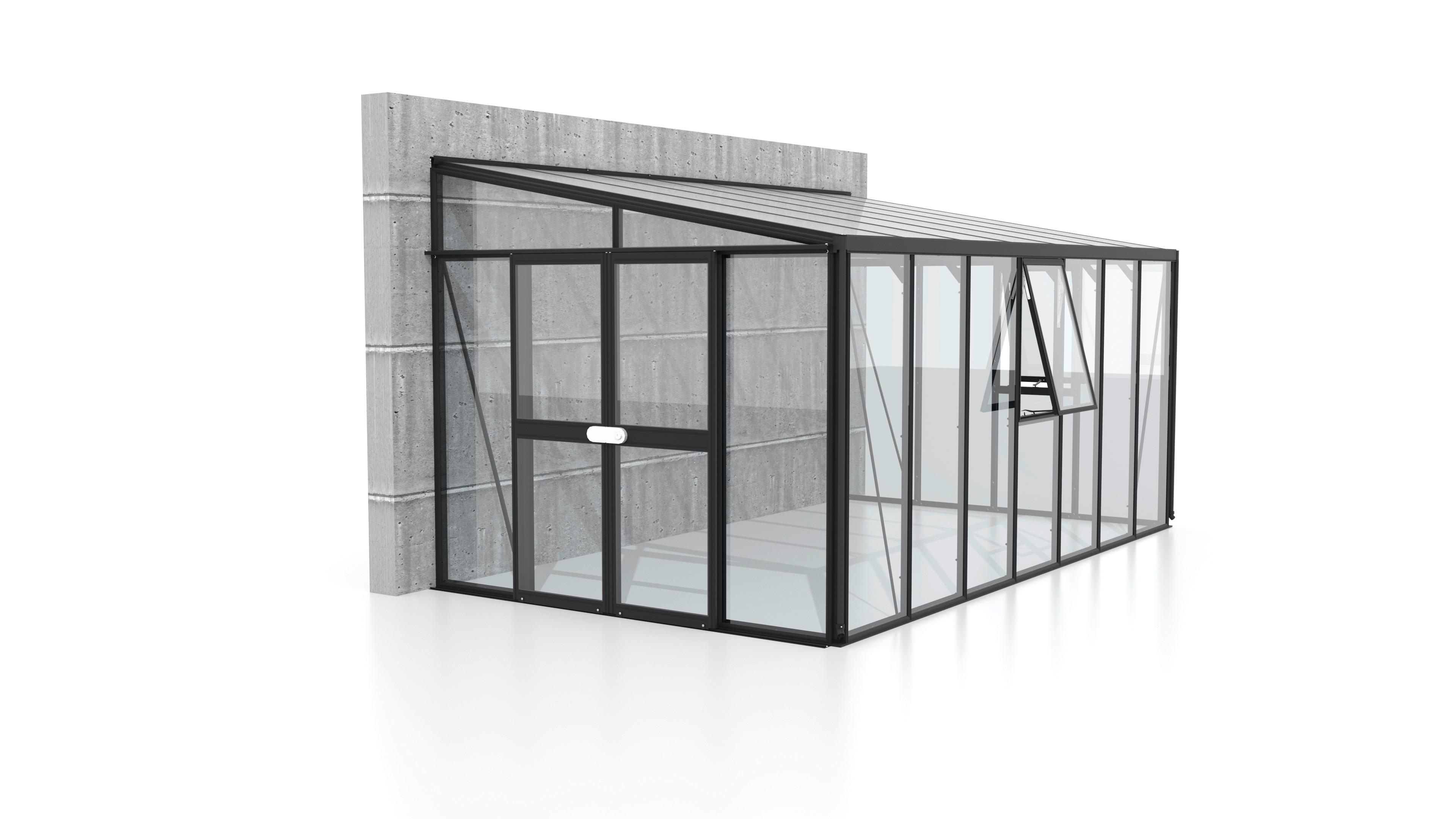 Anlehngewächshaus mit Wänden aus Klarglas und klappbaren Fenstern