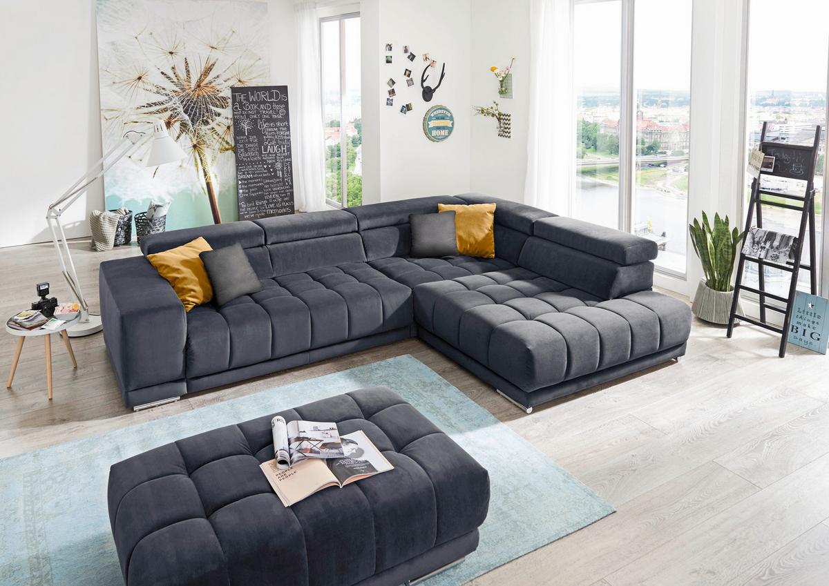 Rohová sedačka IBA, pravá, tmavě modrá, s funkcemi - barvy chromu/tmavě modrá, Lifestyle, textil (323/222cm) - Premium Living