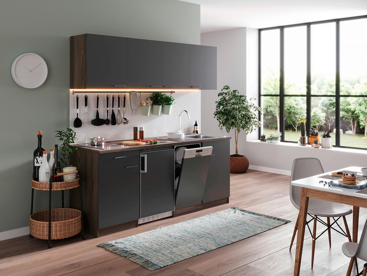 Küchenzeile Economy M. Geräten 195 Cm Grau/eiche Dekor Modern - Eichefarben/Grau, Basics, Holzwerkstoff (195cm) - Respekta
