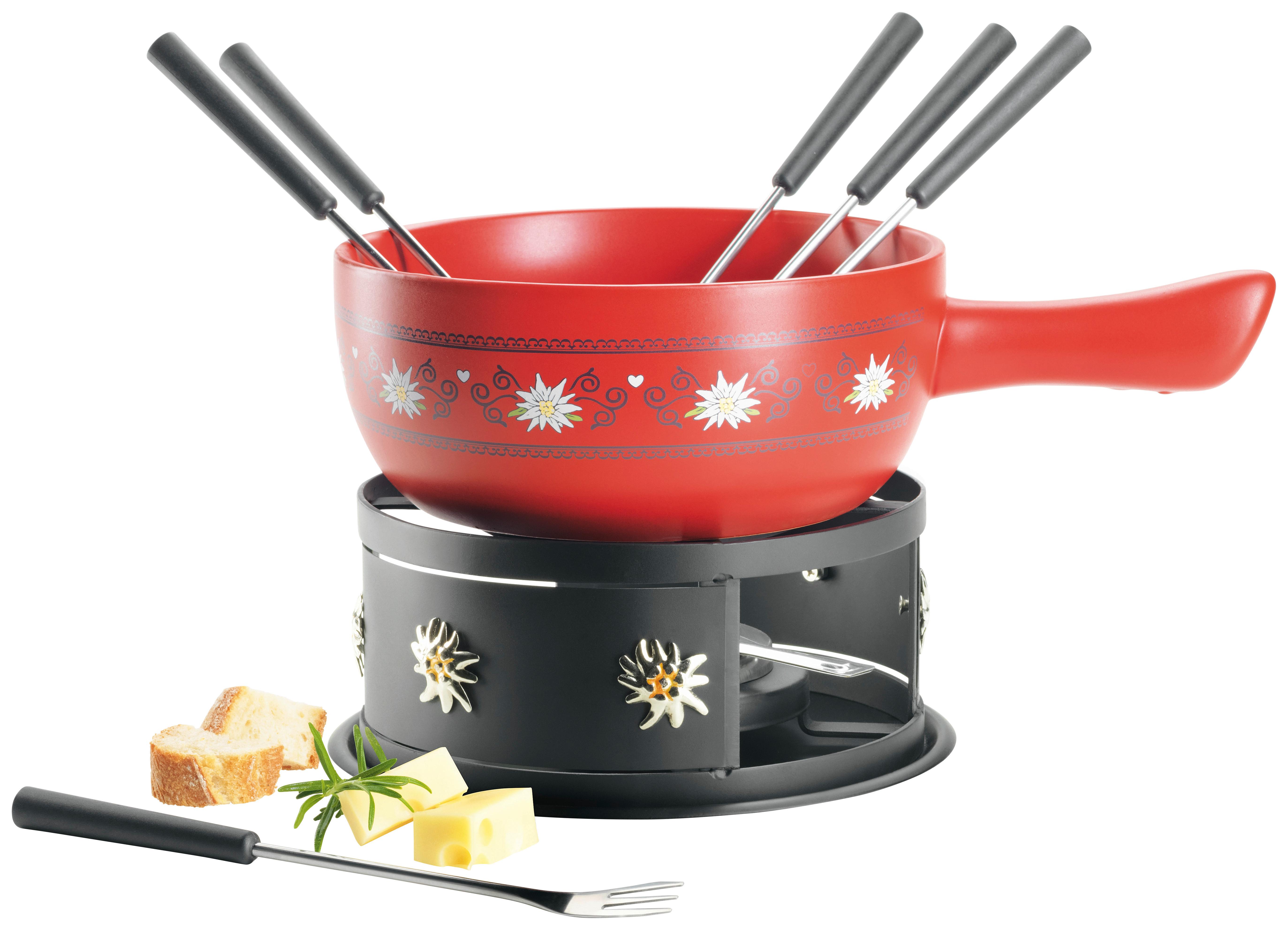 Fondue-Set 6 Gabeln Steingut - Rot/Schwarz, Trend, Keramik/Metall (34/22,5/19cm) - Mäser