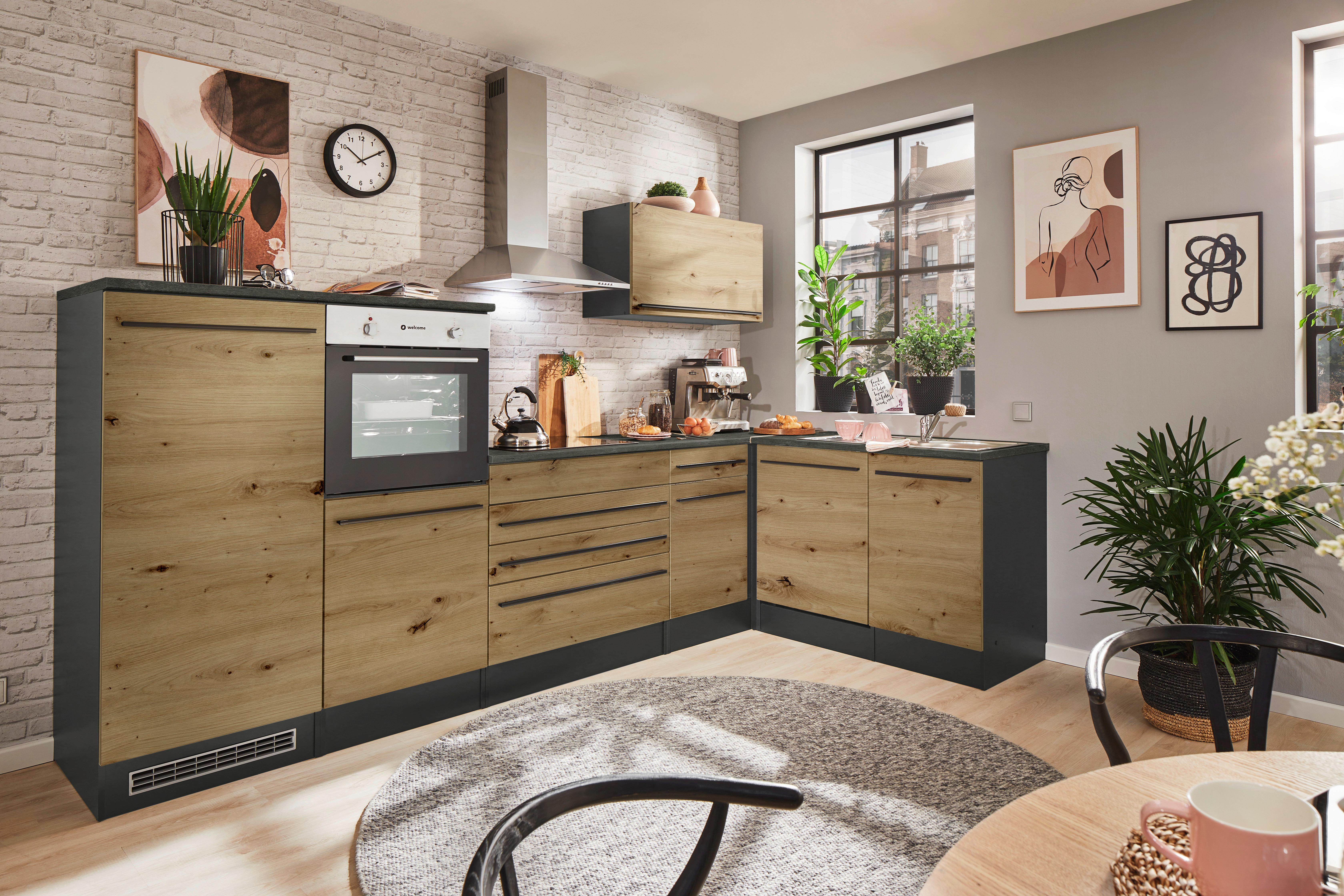 Eckküche Jazz 4 mit Geräte 320x175 cm Anthrazit/Eiche