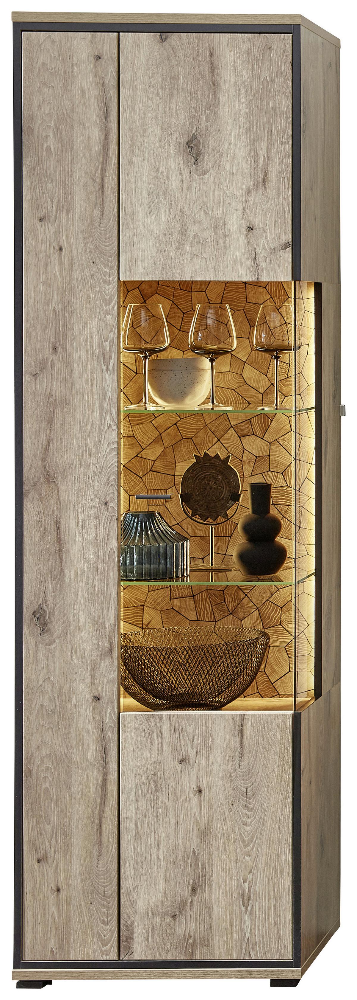 Vitrine Ruben - Eichefarben/Schwarz, KONVENTIONELL, Glas/Holzwerkstoff (60/205/40cm) - Livetastic