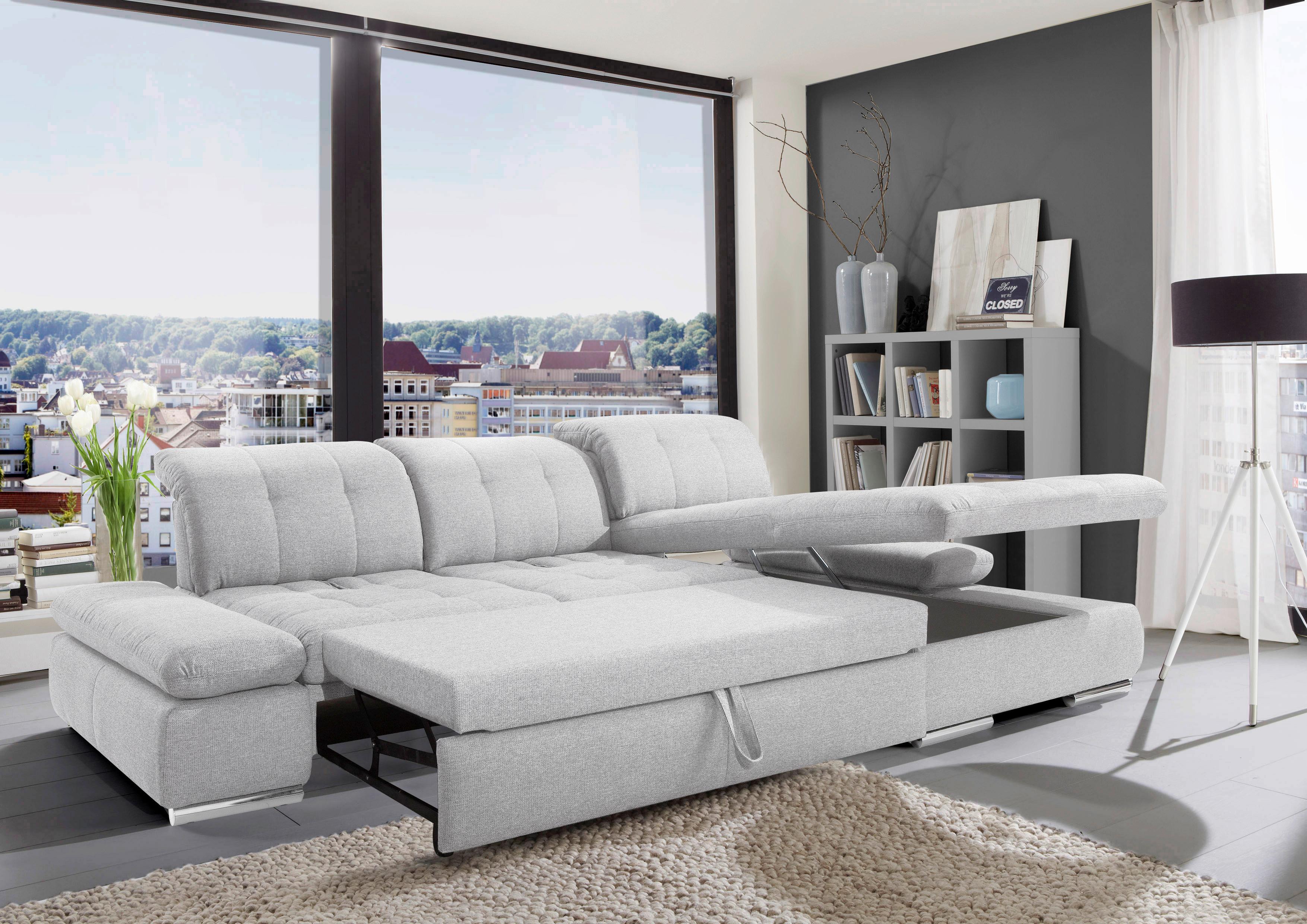 Rohová sedačka SANFINO, pravá, světle šedá,lůžko a úl.prostor - světle šedá/barvy chromu, Konvenční, kov/dřevo (305/199cm) - Premium Living