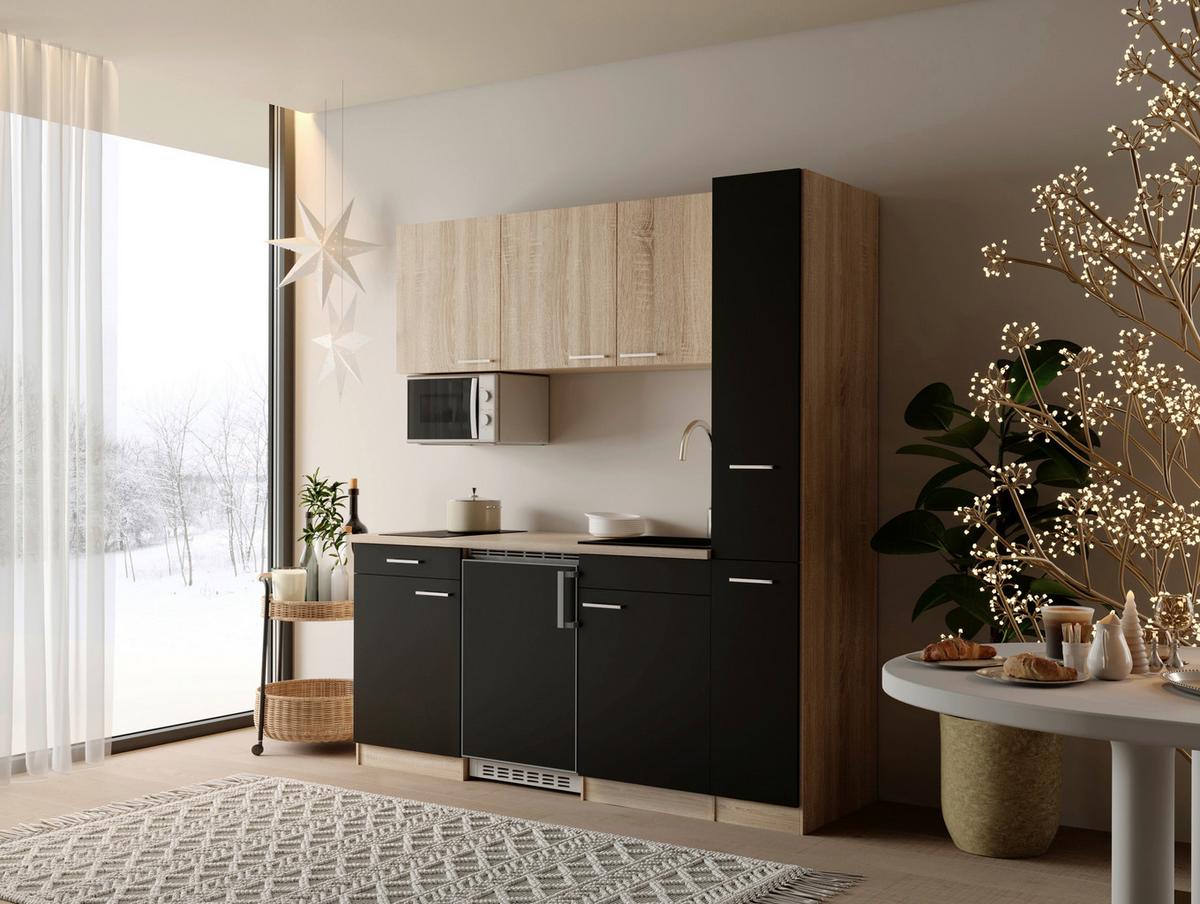 KÜCHENBLOCK Ingrid, Schwarz B: 180 cm - Eichefarben/Schwarz, Design, Holzwerkstoff (180cm) - Respekta
