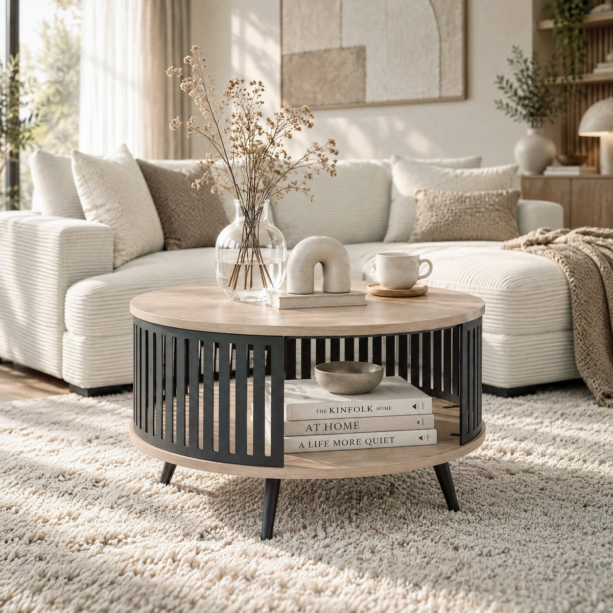 Couchtisch Santiago Rund MDF Eiche, B: 75 cm - Eichefarben/Schwarz, MODERN, Holzwerkstoff/Metall (75/44/75cm)