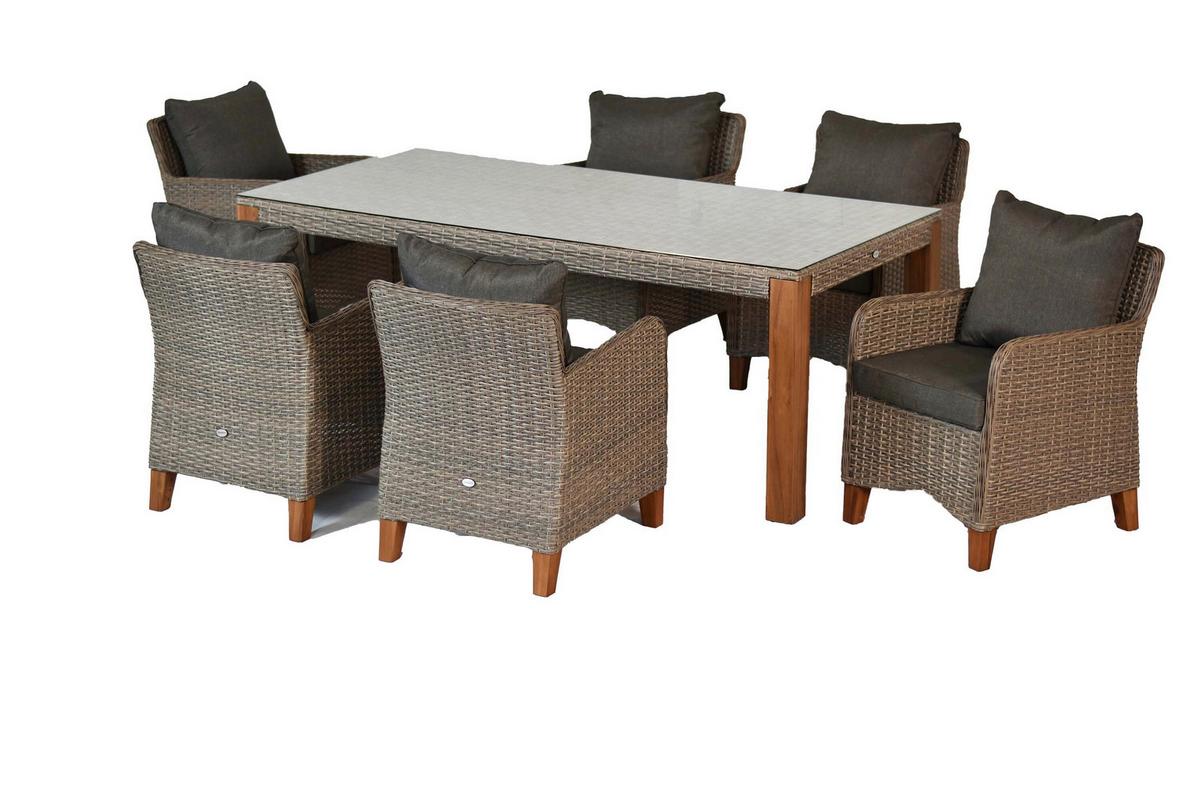 Gartentischgruppe 7tlg. Set Inkl. Kissen - Beige/Beigebraun, KONVENTIONELL, Glas/Holz - Gardenson