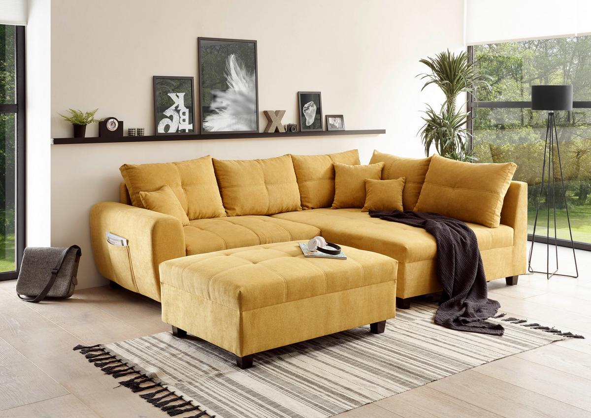 Ecksofa inkl. Kissen und Hocker Lea, Polyester-Nylon - Gelb/Schwarz, Basics, Holzwerkstoff/Textil (248/176cm) - MID.YOU