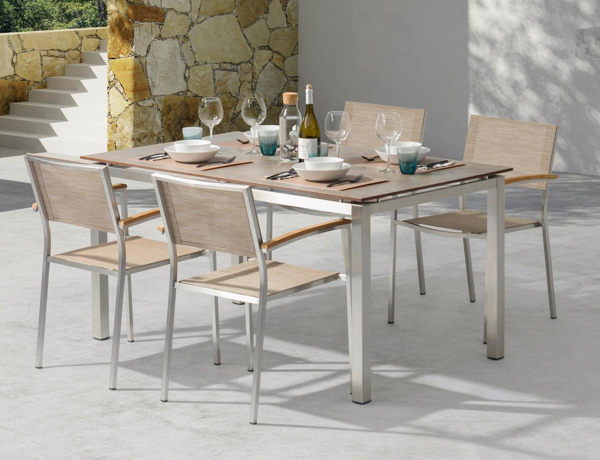 Gartengarnitur 7-Tlg. Skye Metall/Kunststoff/Holzdekor - Platinfarben/Braun, Basics, Holzwerkstoff/Textil (150/89/90cm) - Gardenson