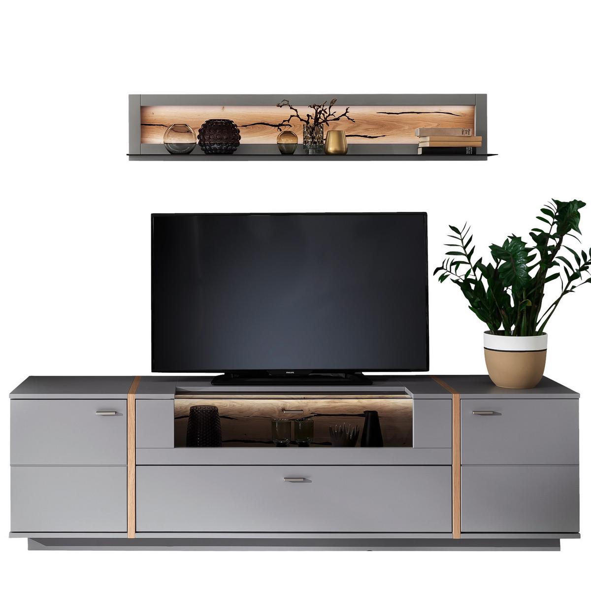 Wohnkombination teilmassiv 3--teilig. Sevilla Grau/Eiche - Eichefarben/Schwarz, Design, Glas/Holzwerkstoff (276/207/50cm) - MID.YOU