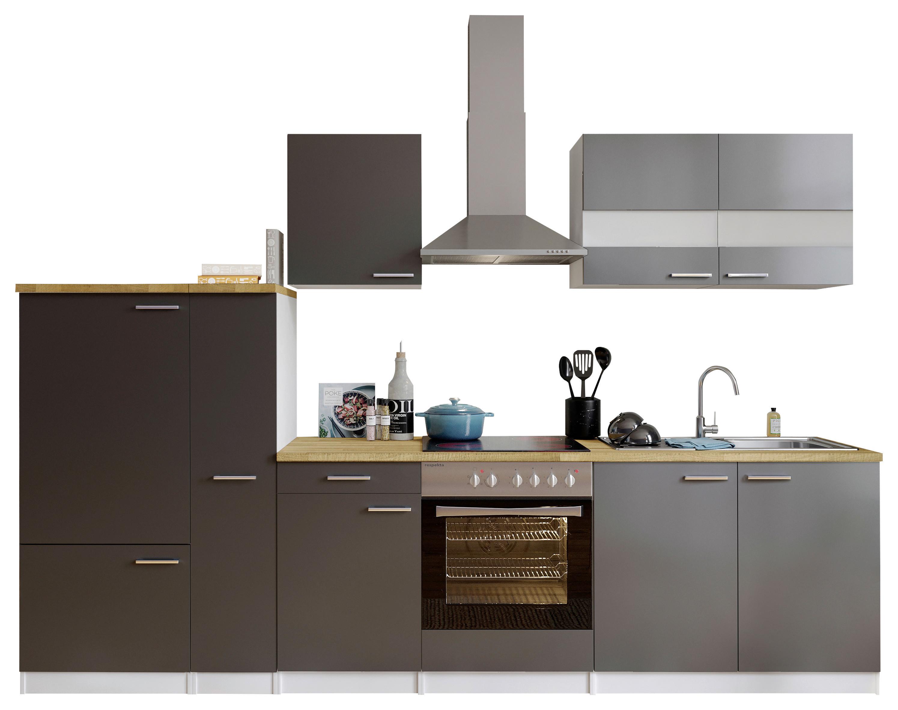 Küchenzeile ohne Geräte B: 300 cm Grau/Weiß/Nussbaum Dekor - Nussbaumfarben/Weiß, Basics, Holzwerkstoff (300cm) - Respekta