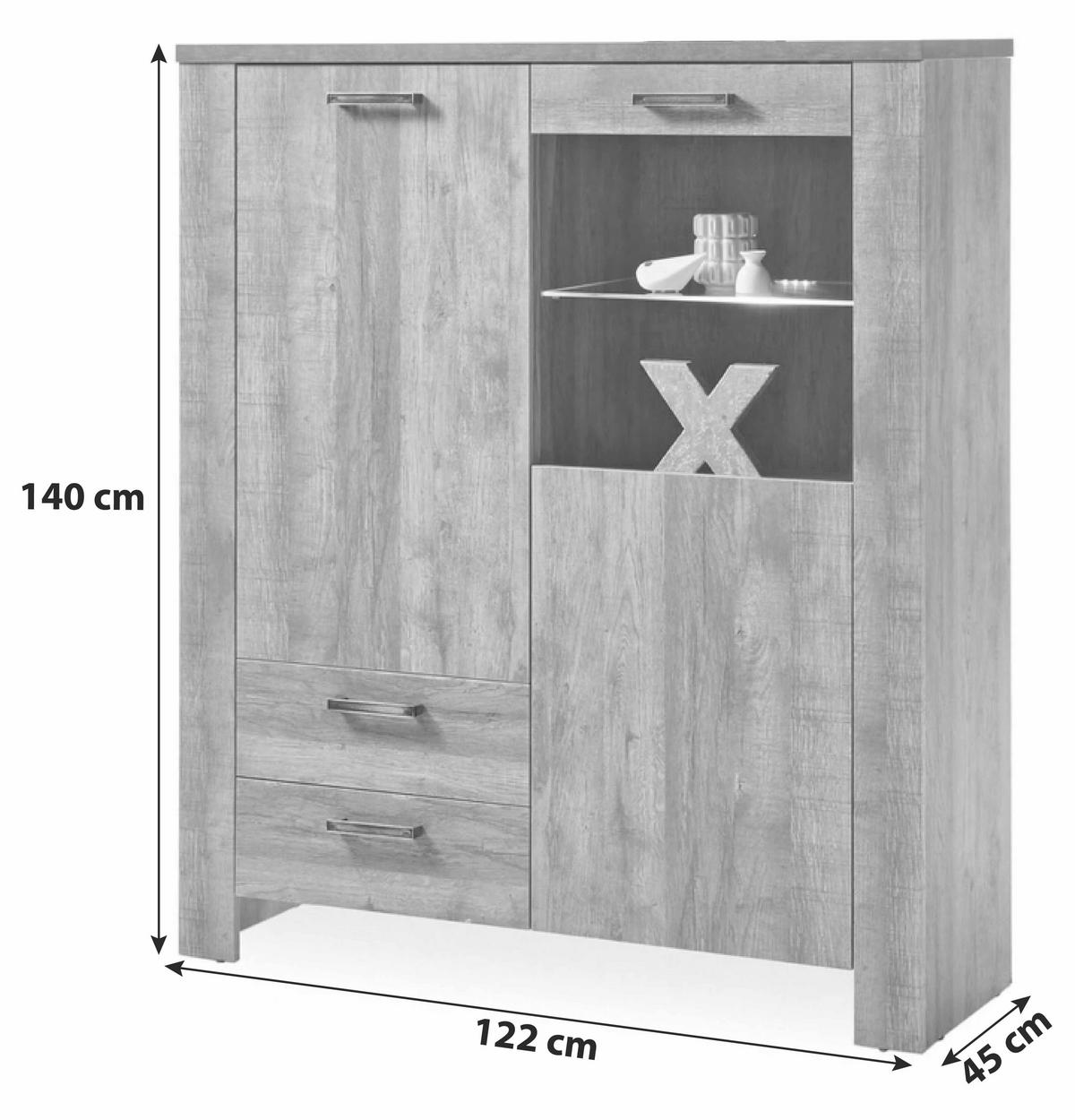 Kommode mit Glaselement 122 cm Edmonton, Samdal Eiche Dekor - Eichefarben/Anthrazit, Basics, Glas/Holzwerkstoff (122/140/45cm) - MID.YOU