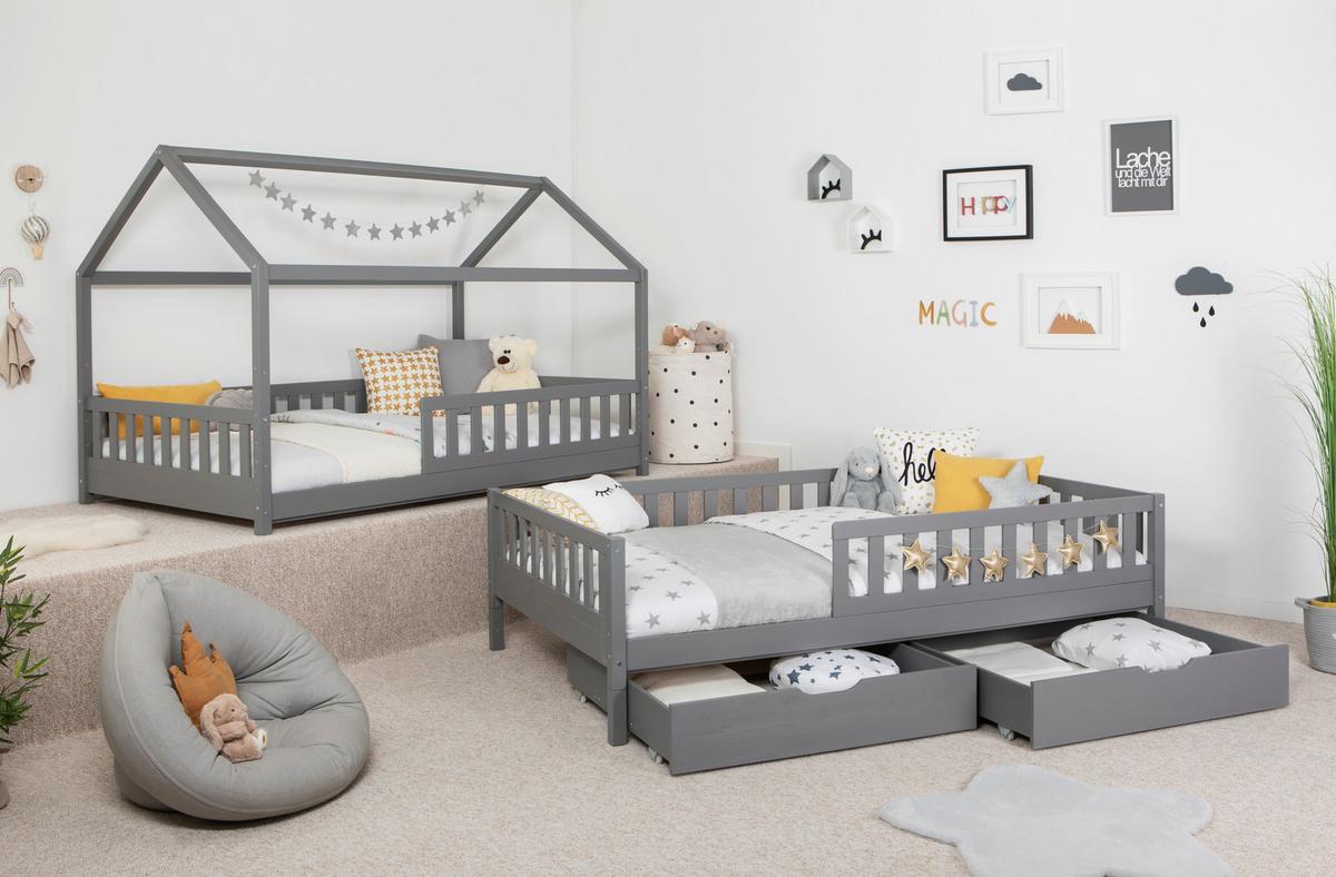 Bodenbett 120/200 Cm Hellgrau Inkl. Laden - Hellgrau/Naturfarben, MODERN, Holz (120/200cm) - MID.YOU