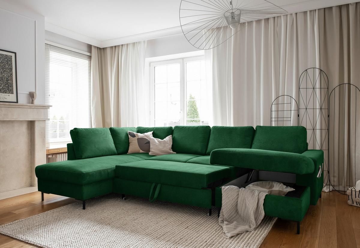 Sedačka LEONIE U, ľavá, smargdovozelený menčester - čierna/smaragdovozelená, Design, kov/drevo (197/303/148cm)
