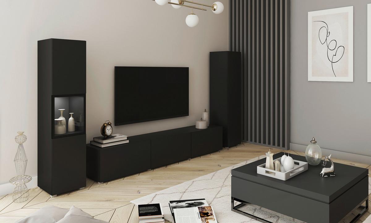 Wohnwand Berlin IIi Schwarz B: 240 cm - Schwarz/Grau, Design, Glas/Holzwerkstoff (240/130/31cm) - MID.YOU