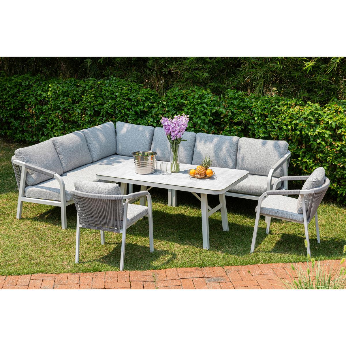 DINING-LOUNGESET HARVEY XL - Weiß/Grau, MODERN, Glas/Textil - Gardenson