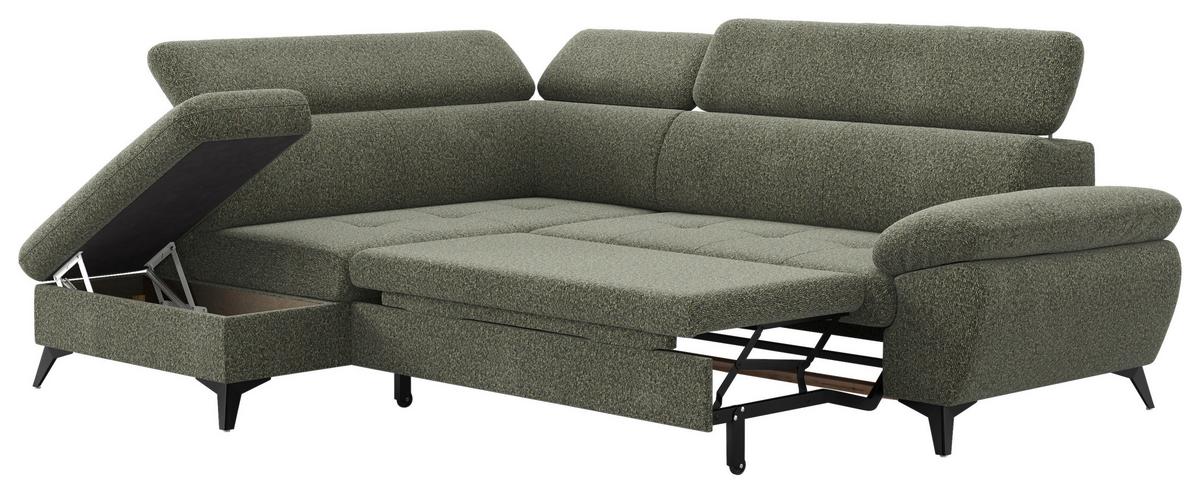 Ecksofa mit Bettfunktion Hudson, Chenille Dunkelgrün - Dunkelgrün/Schwarz, KONVENTIONELL, Textil (207/256cm) - Sembella