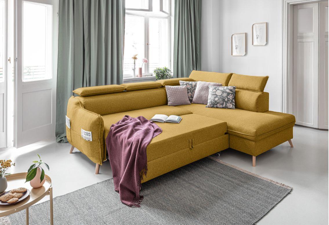 Rozkládací sedačka Simone, pravé provedení - přírodní barvy/hořčicově žlutá, Moderní, dřevo/textil (253/82/95/208cm)