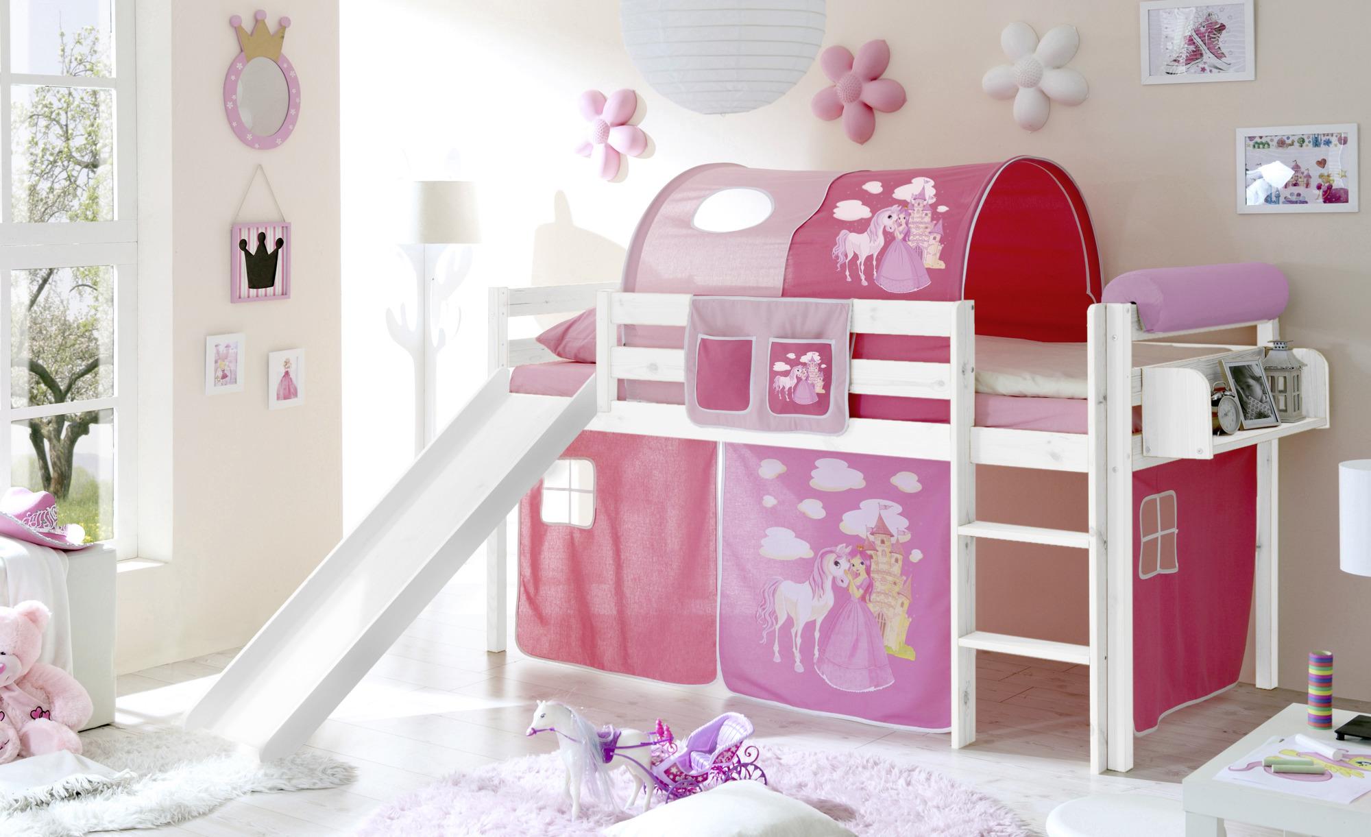 Spielbett Manuel Weiß/Pink Kiefer Massiv 90 cm Rutsche - Pink/Weiß, Natur, Holz (90/200cm) - MID.YOU