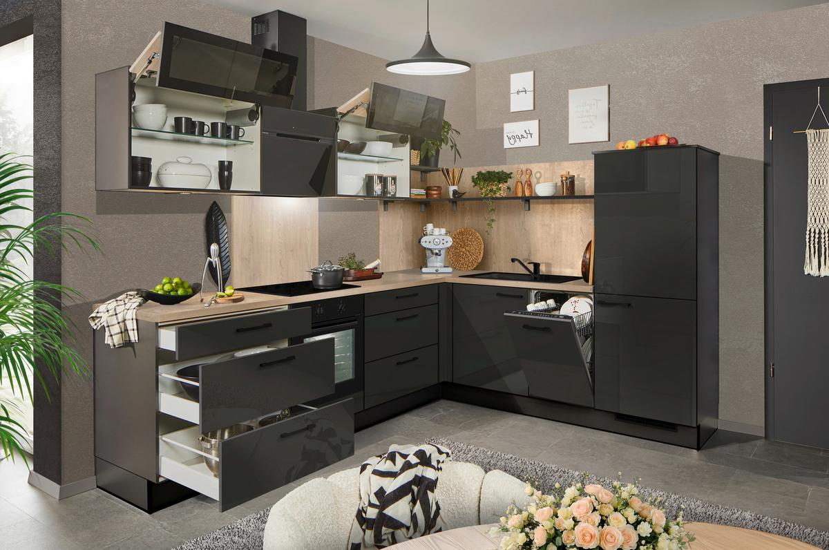 Eckküche Pn215/pn100 - Grau Hochglanz/Eichefarben, MODERN, Holzwerkstoff (285/230cm) - Pino