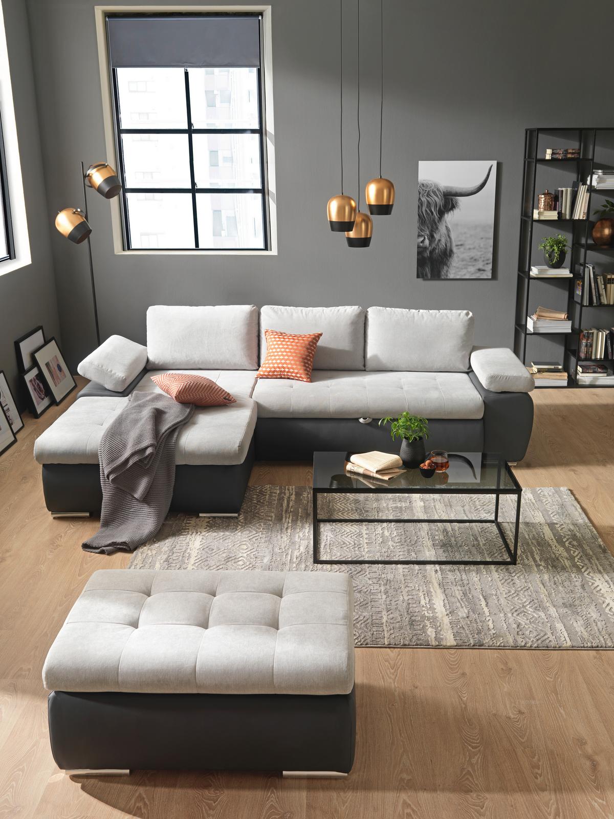 Sarokgarnitúra Joy I - világosszürke/barna, Design, textil (175/85/271cm)