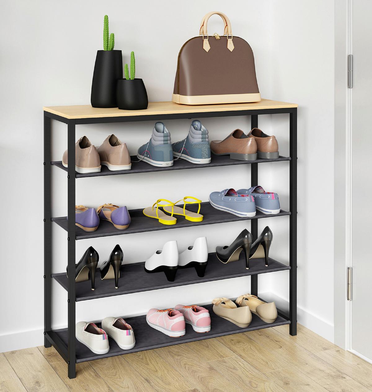 Schuhregal Taliro Schwarz Honig Dekor - Honigeiche/Schwarz, Design, Holzwerkstoff/Metall (90/87/30cm) - MID.YOU