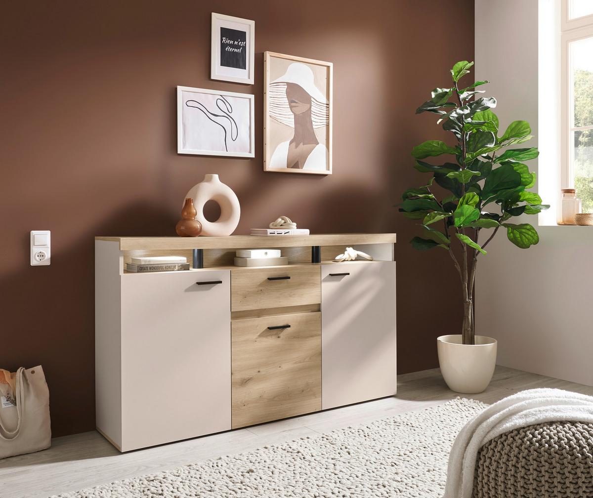 Sideboard Strada Giga *ph* Eiche Artisan/Kashmir, B:151cm - Kaschmir/Schwarz, Trend, Glas/Holzwerkstoff (151/89/37cm)