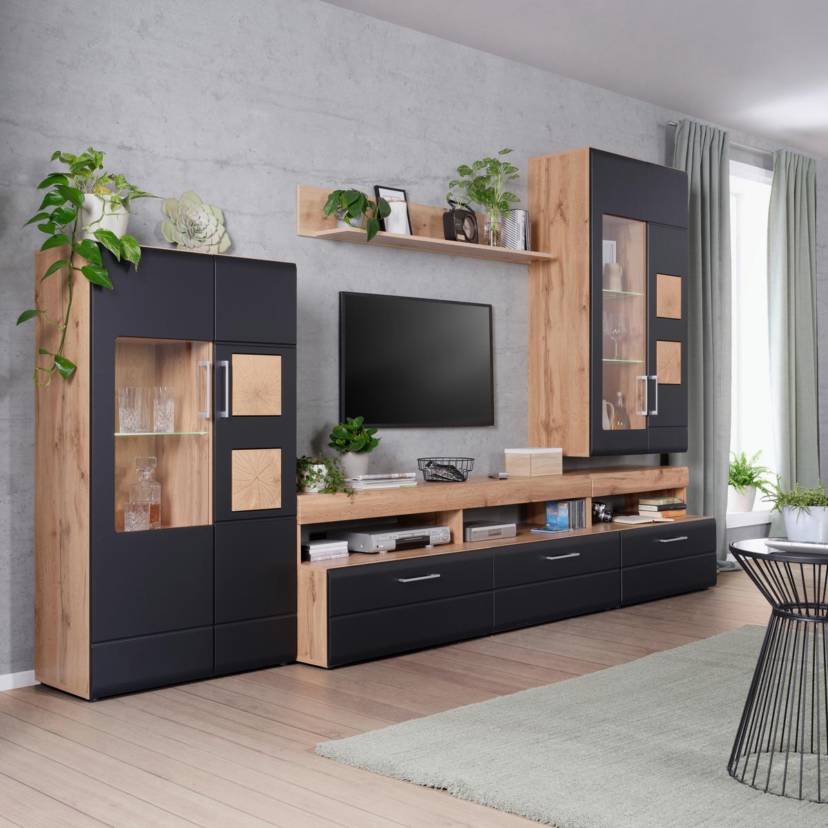 OBÝVACÍ STĚNA SONATE - černá/barvy dubu, Konvenční, kov/kompozitní dřevo (330/208/52cm) - Mömax