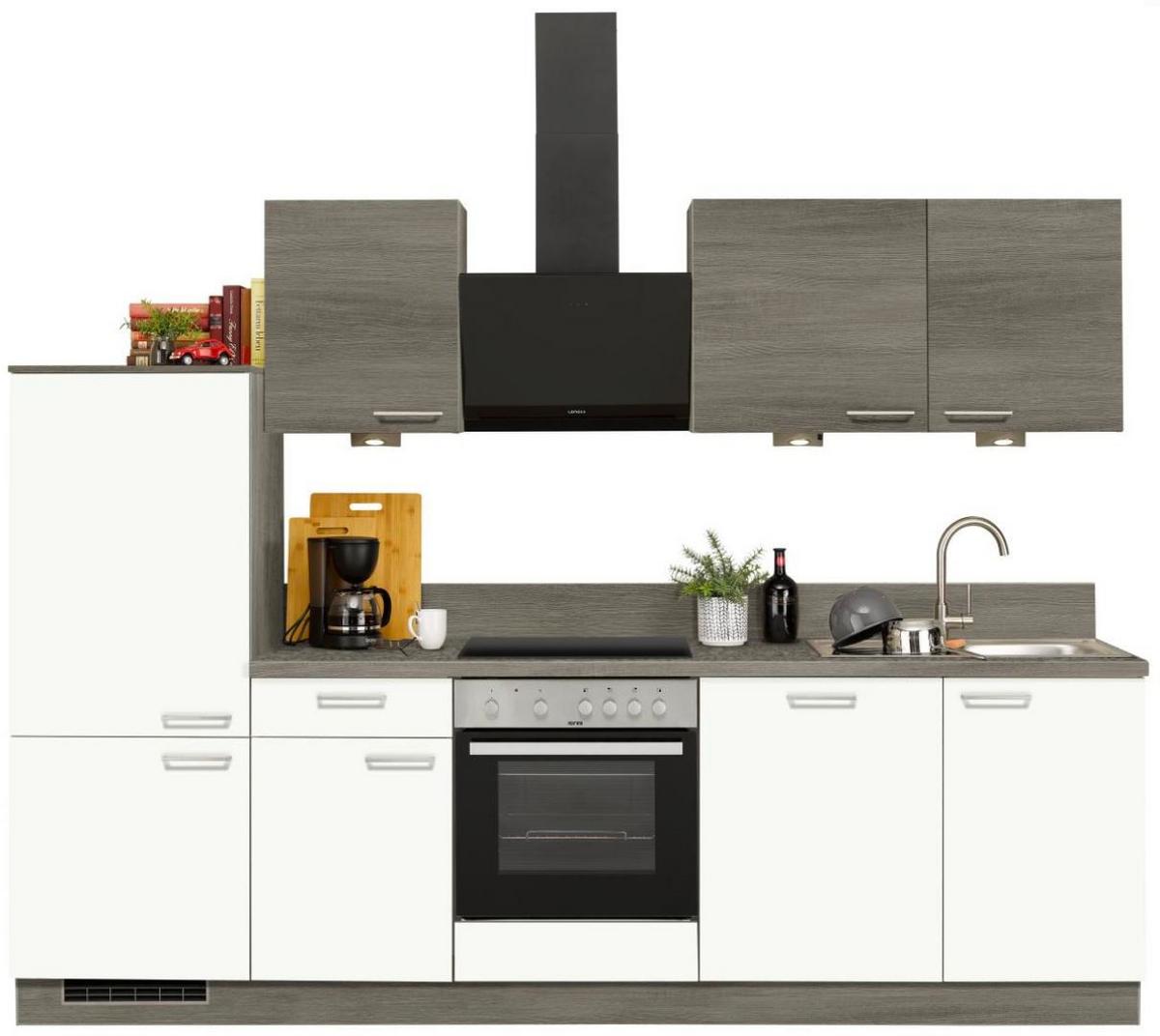 Küchenzeile Win/Plan Mit Geräten 280 cm Weiß/Grau/Eiche - Basics, Holzwerkstoff (280cm) - Express
