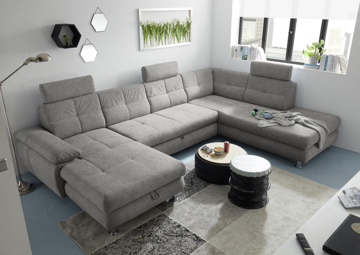 Sedací souprava ALBA U, pravá, stříbrná, úl.prostor, lůžko - barvy stříbra, Moderní, textil/plast (177/349/233cm) - MID.YOU