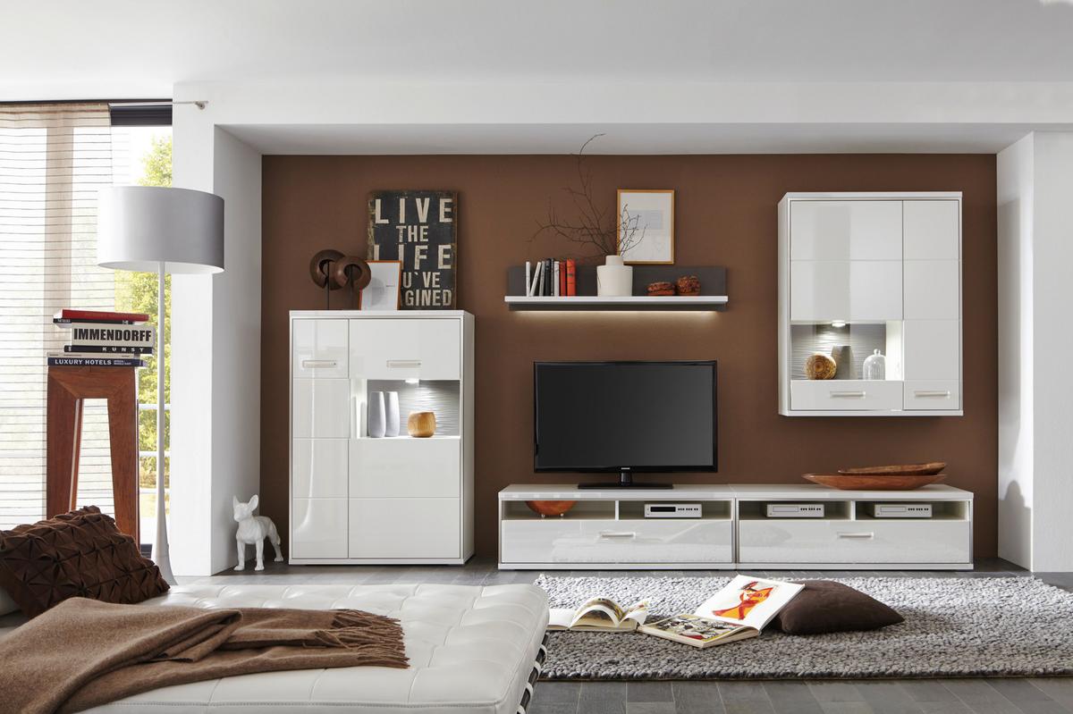 Highboard B: 94 cm Trento Grau/Silberfarben/Weiß - Weiß Hochglanz/Silberfarben, Design, Glas/Holzwerkstoff (94/137/38cm) - Livetastic