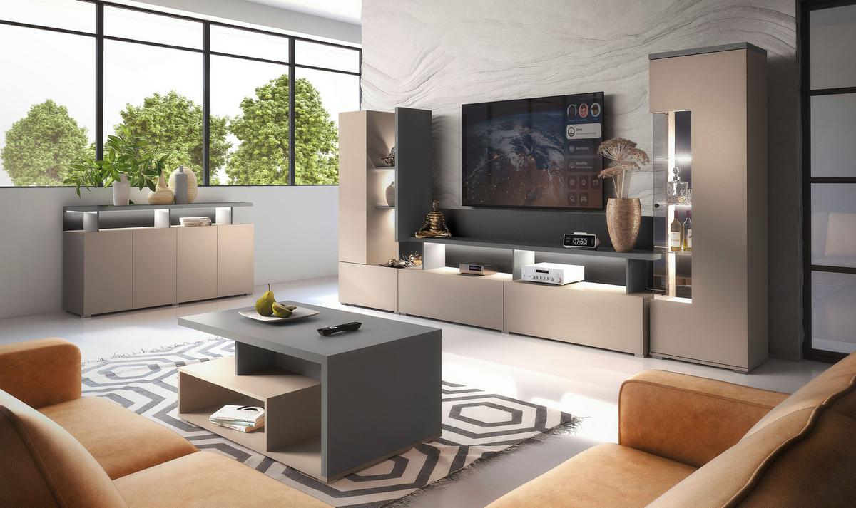 Komód Serio - homokszínű/antracit, Basics, faalapú anyag (153/84/80cm)