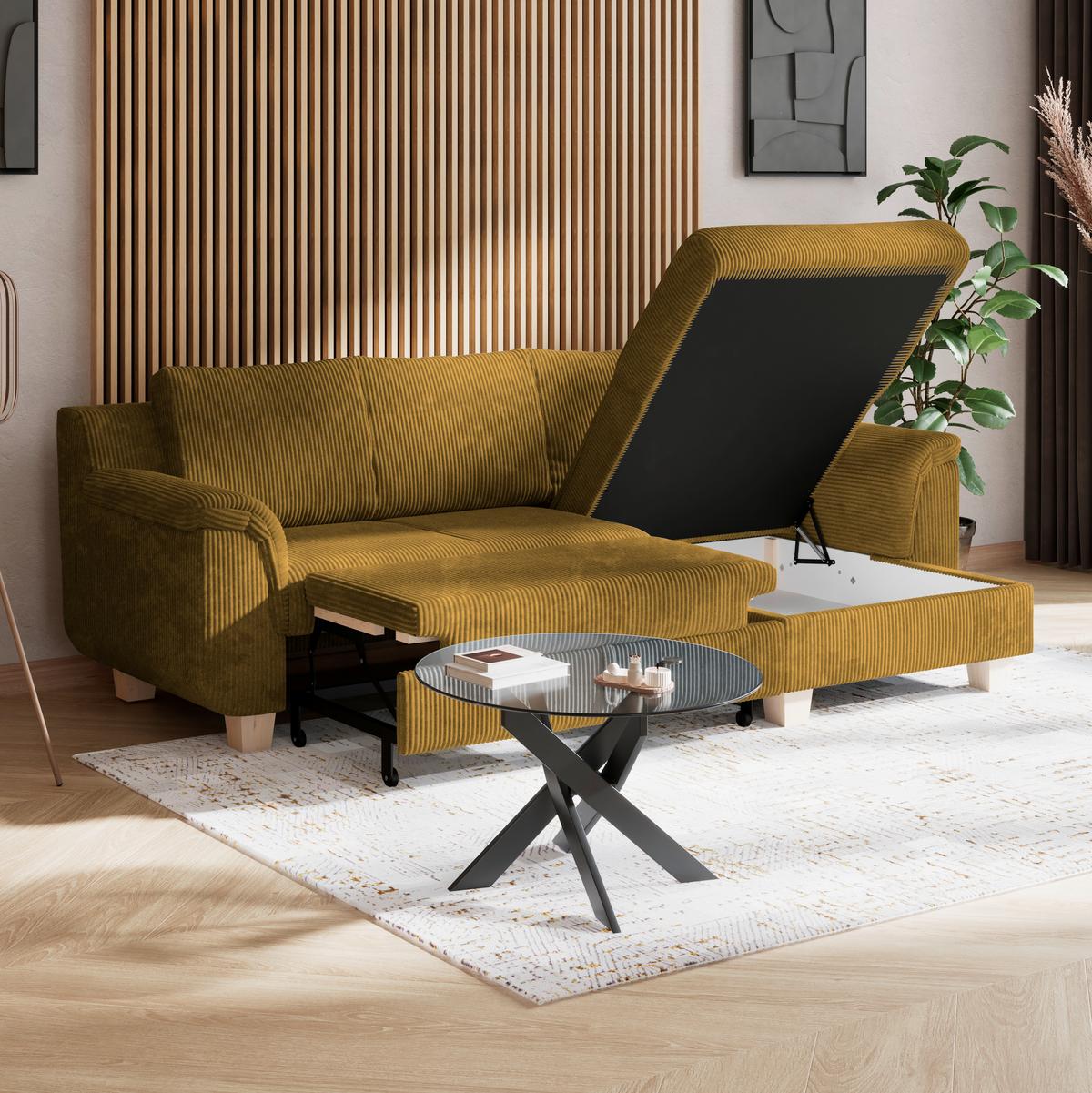Rohová sedačka ALEX, medový manšestr - medová/přírodní barvy, Moderní, textil/plast (246/88cm)