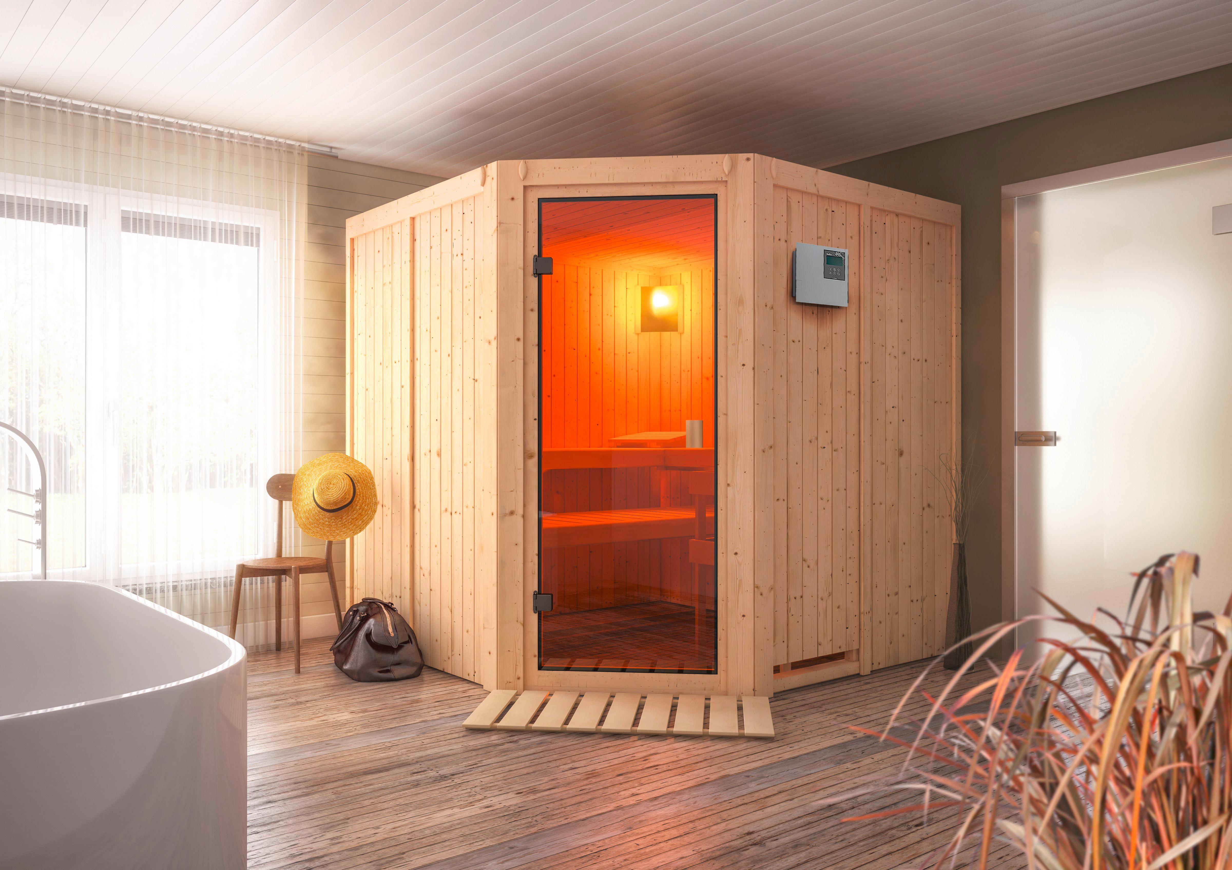 Sauna Nizza Mit Ext. Steuerung 9-Kw-Ofen - Naturfarben, MODERN, Holz (196/198/196cm) - Karibu