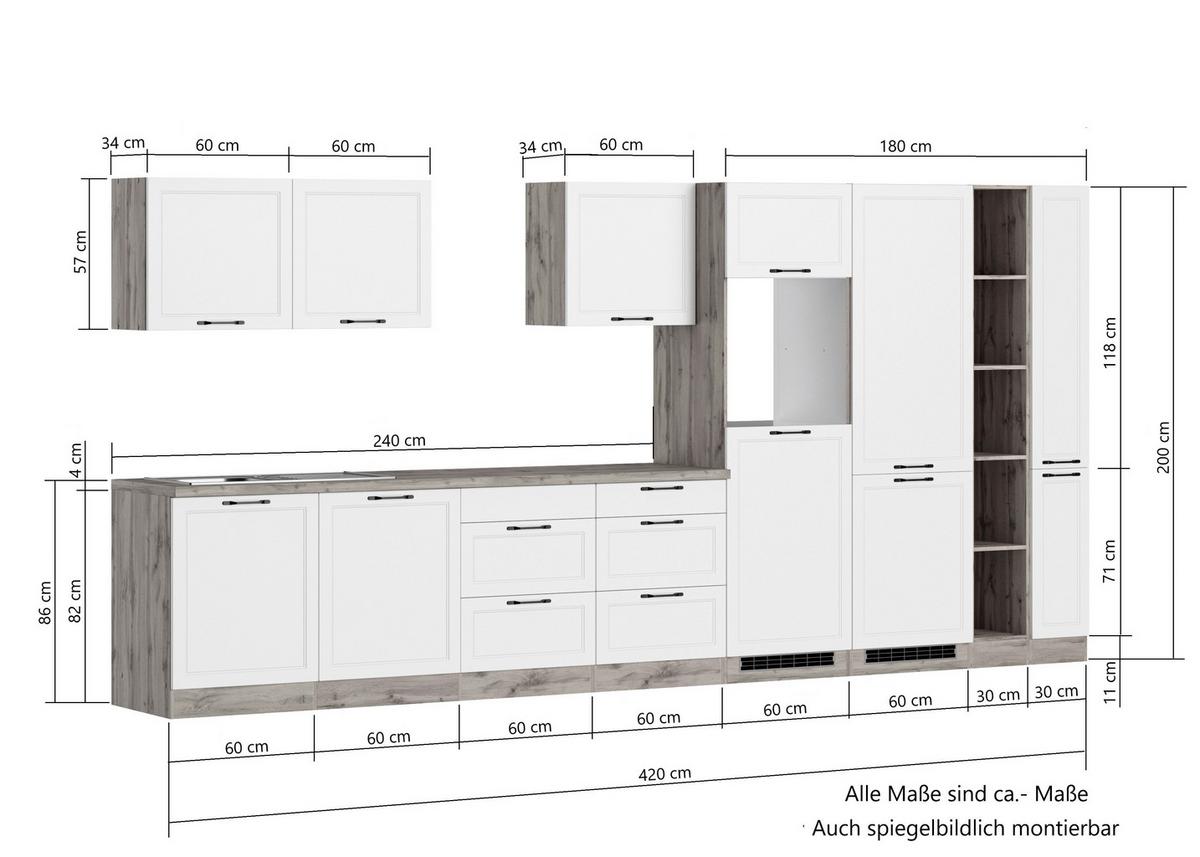 Küchenzeile Meran Ohne Geräte B: 420 Cm Grau/eiche Dekor - Eiche Wotan/Grau, LIFESTYLE, Holzwerkstoff (420cm) - Held