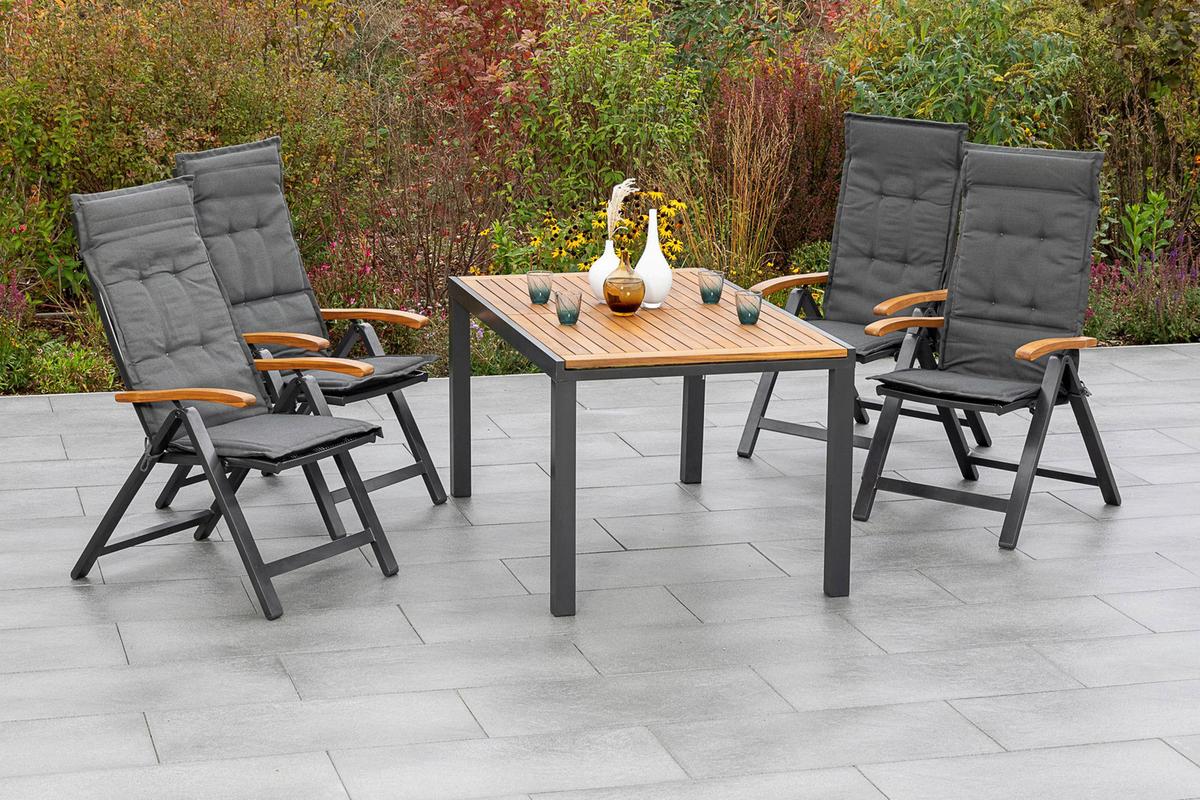 Gartengarnitur 9-Tlg. Tilos Aus Echtholz - Schwarz/Grau, KONVENTIONELL, Holz/Textil - Gardenson