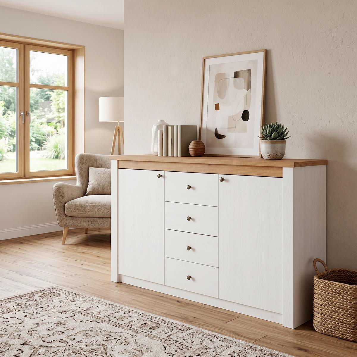 Kommode Rovigio Weiß, Eiche-/Lärche Dekor B: 155 cm - Eichefarben/Lärchefarben, Basics, Holzwerkstoff (155/90,5/42,5cm) - Landscape