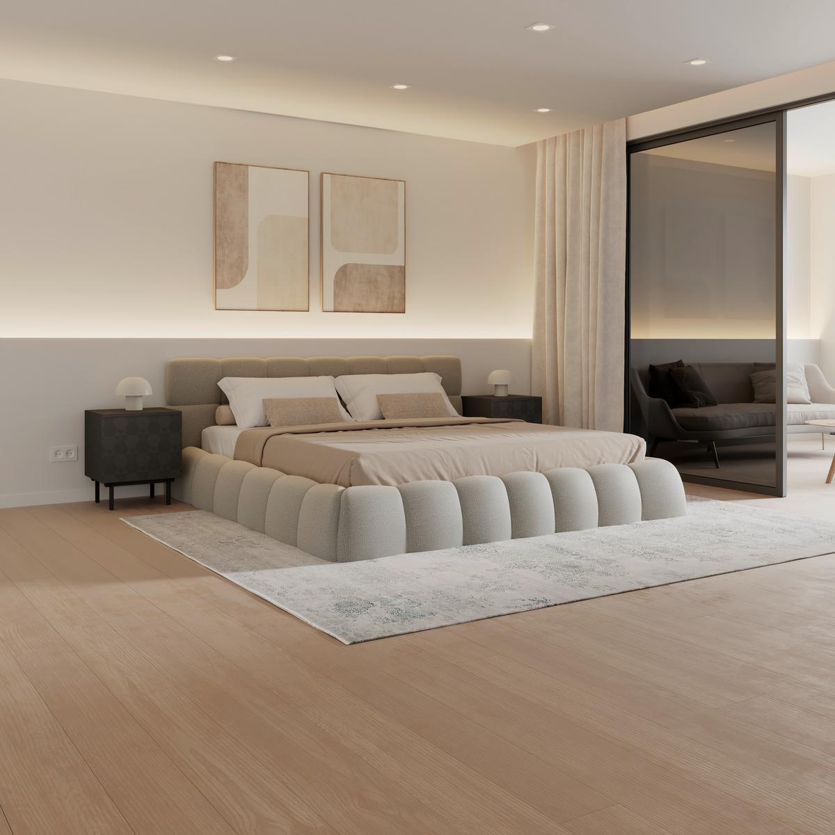 Čalúnená posteľ MARIJA 180x200 cm, svetlosivá - prírodná farba/farba ušľachtilej ocele, Modern, kov/drevo (180/200cm) - Bessagi Home