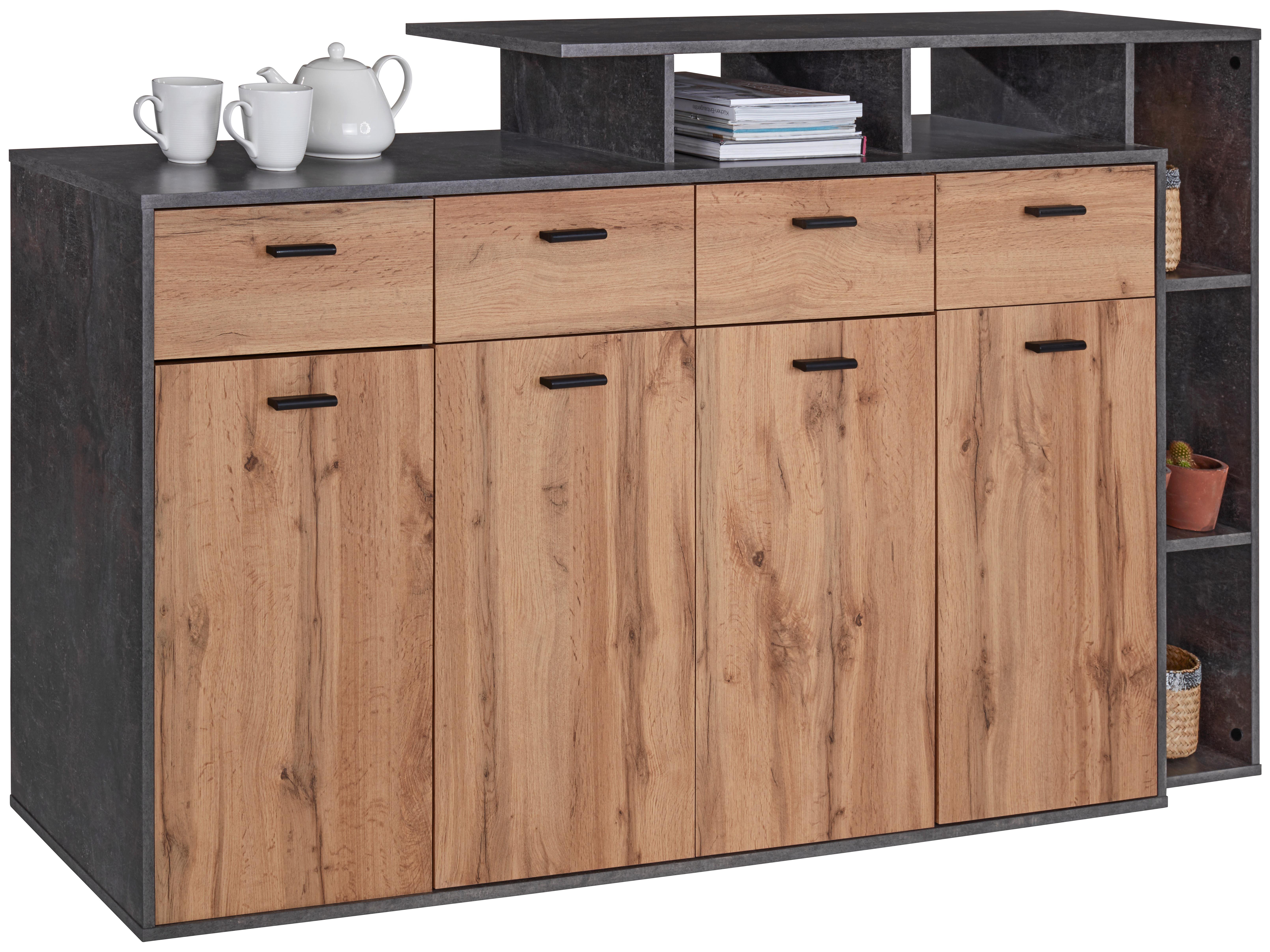 Kommode mit Aufsatz B 190cm Tom, Eiche Dekor/Beton Optik - Eichefarben/Grau, MODERN, Holz (190/105/40cm)