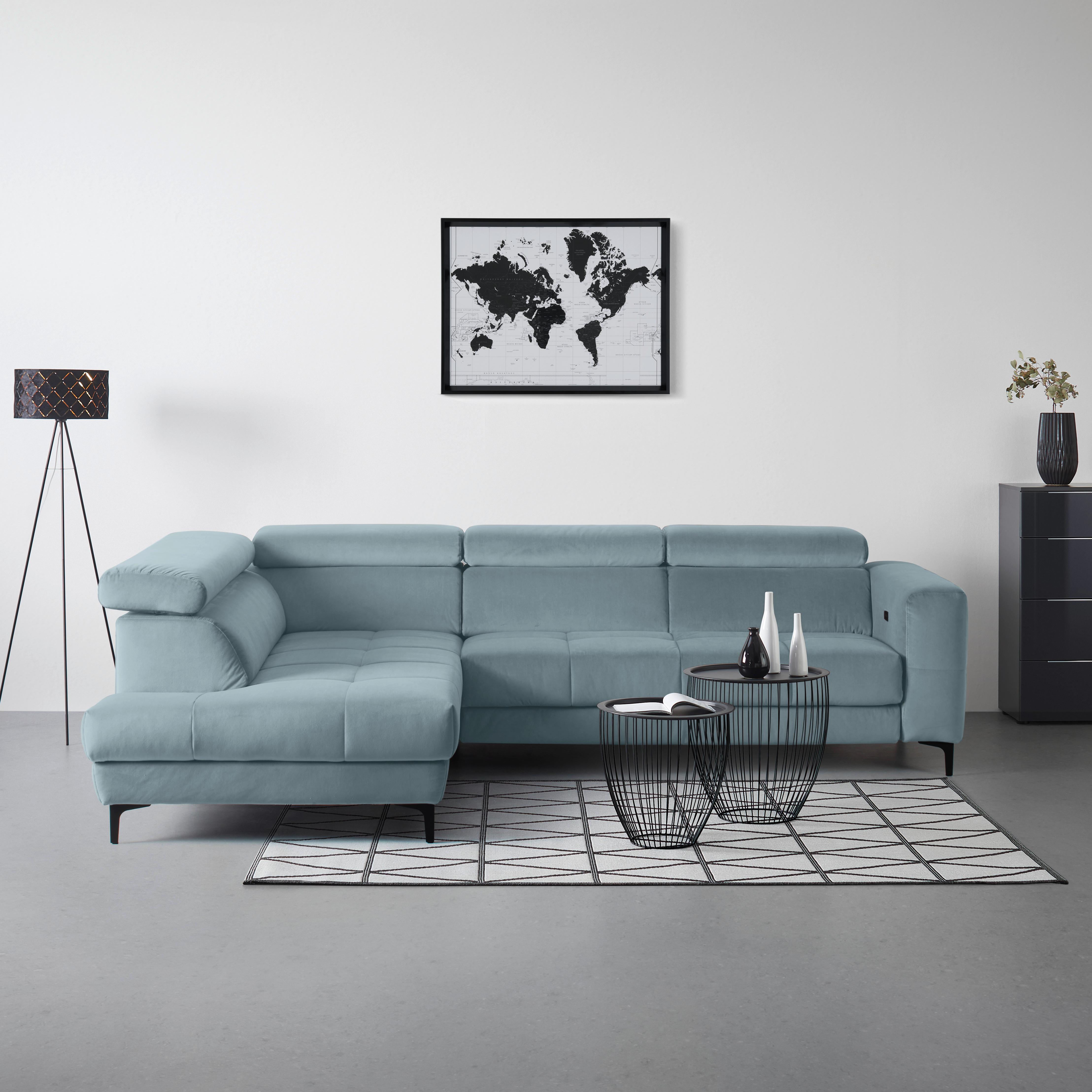 Rohová sedačka EMMA, levá, sv.modrá,op.hl.,USB,el.výsuv - černá/světle modrá, Moderní, textil (210/301cm) - Premium Living