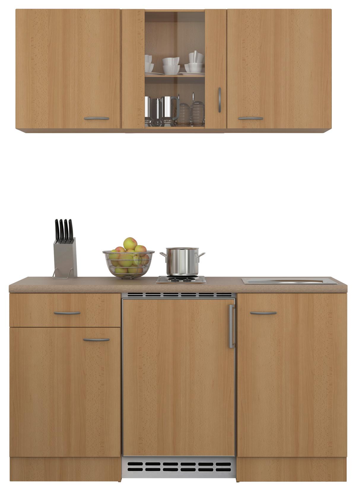 Miniküche mit Kühlschrank + Kochfeld 150 cm Creme/Buche - Beige/Buchefarben, MODERN, Glas/Holzwerkstoff (150cm) - FlexWell