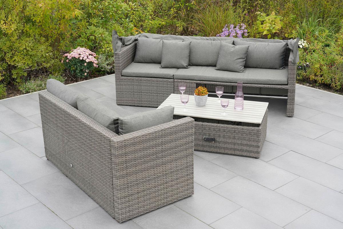 Loungegarnitur 3-tlg. Sanmarco Holz/metall/textil Mit Kissen - Hellgrau/Grau, KONVENTIONELL, Holz/Kunststoff (250/150/168cm) - Gardenson