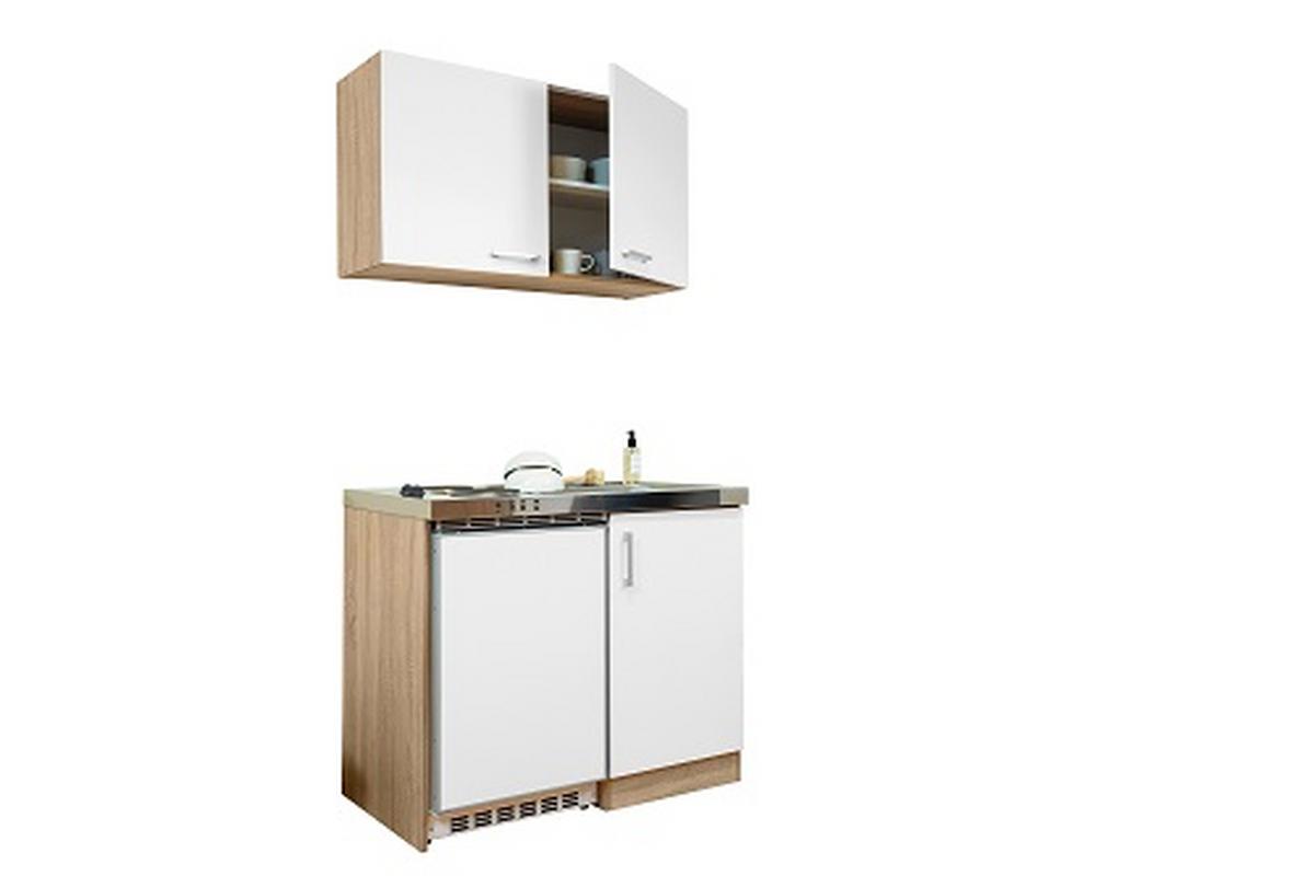Miniküche M. Kühlschrank + Kochfeld 100 Cm Weiß/eiche - Edelstahlfarben/Eichefarben, MODERN, Holzwerkstoff/Metall (100cm) - Respekta