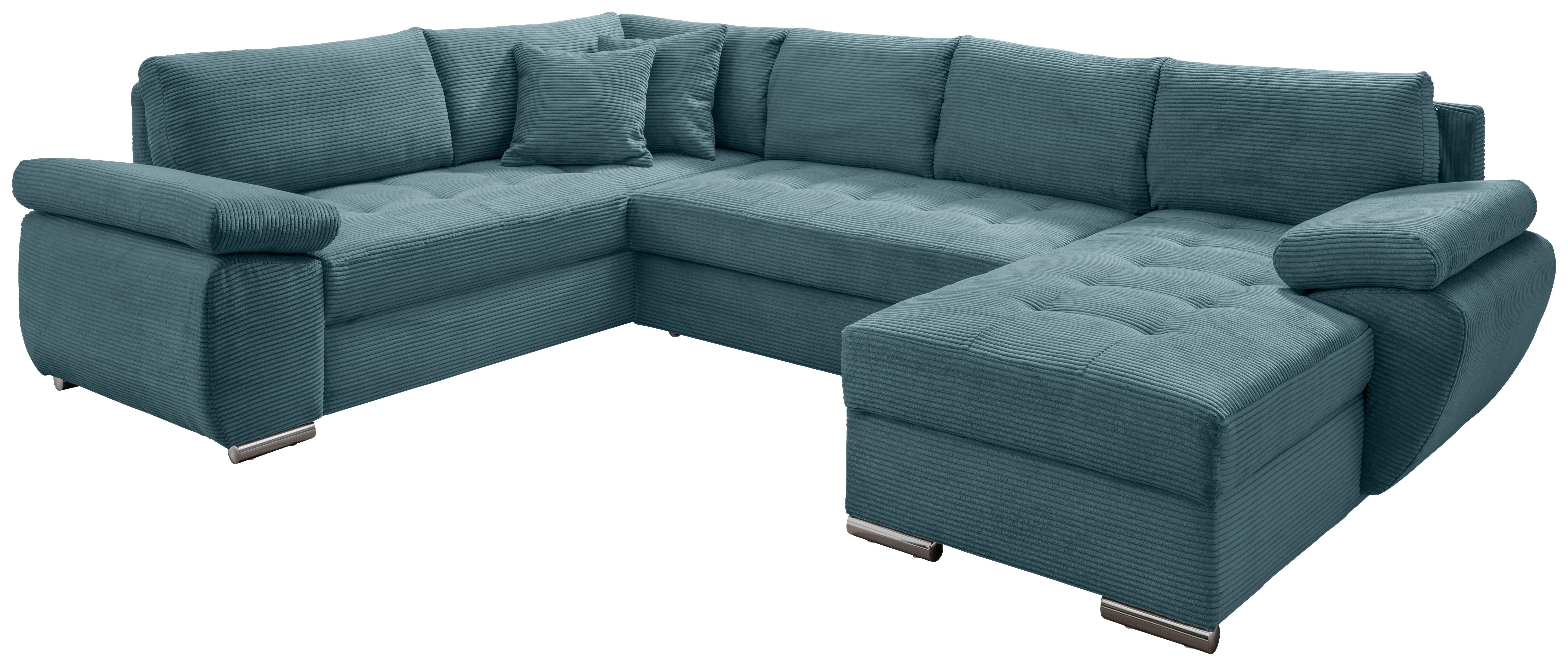Wohnlandschaft Terana mit Schlaffunktion, Petrol - Chromfarben/Petrol, KONVENTIONELL, Textil (219/305/157cm) - Livetastic