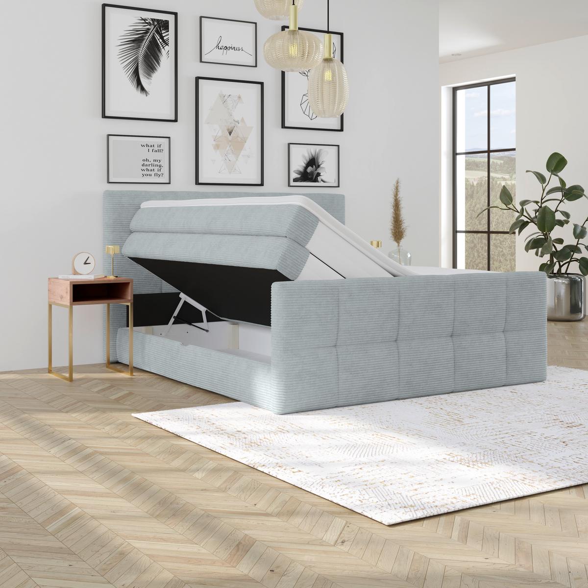 Boxspringbett mit Topper mit Bettkasten 180x200 cm Medino - Silberfarben, KONVENTIONELL, Holz/Holzwerkstoff (180/200cm)