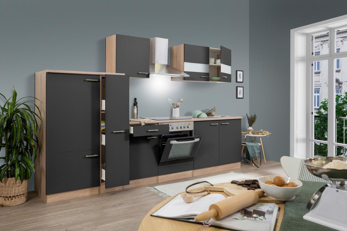 Küchenzeile ohne Geräte B: 300 cm Grau/Eiche Dekor - Eichefarben/Grau, Basics, Holzwerkstoff (300cm) - Respekta