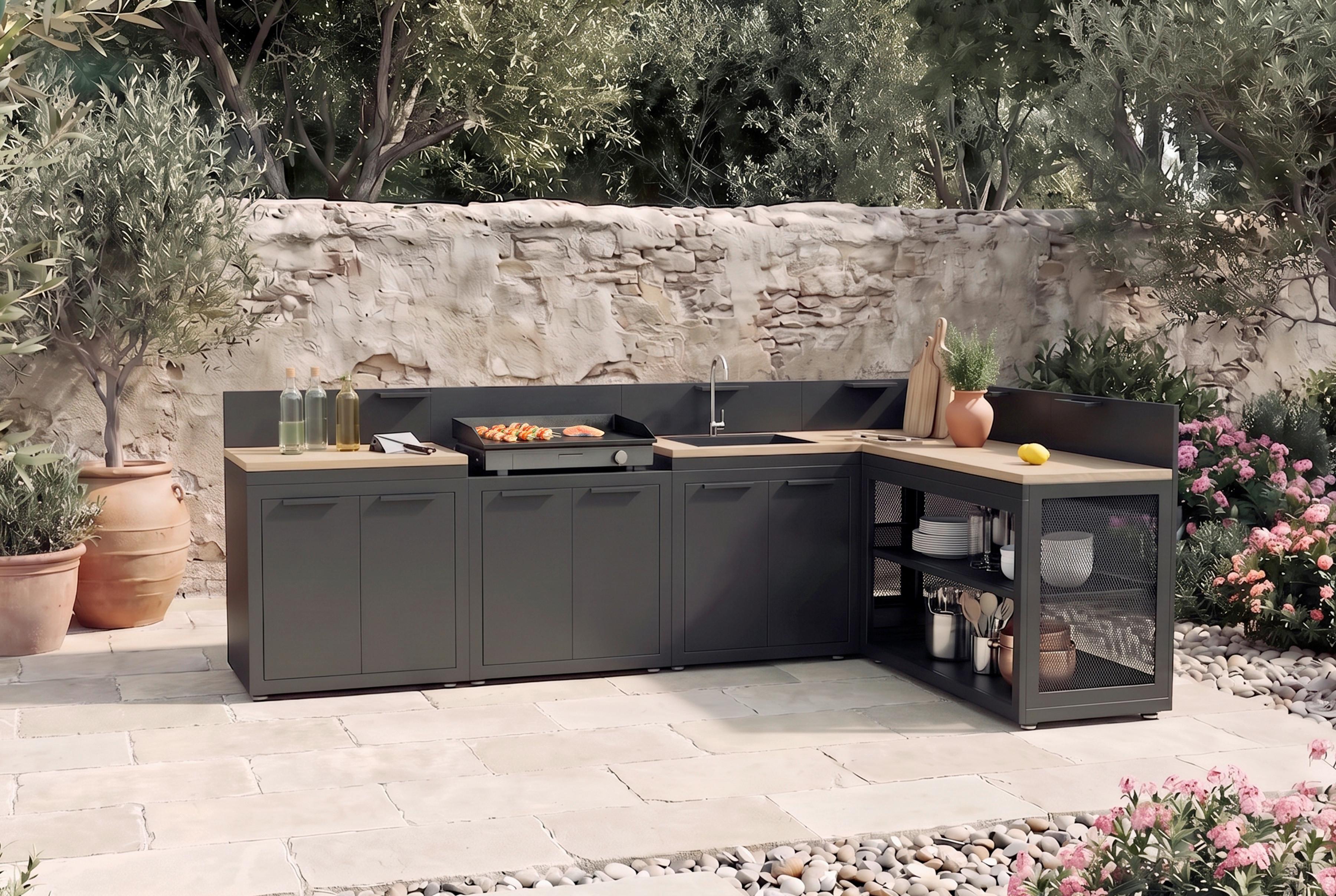 Outdoorküche 5- teilig Anthrazit, Metall, inkl. Spüle - Anthrazit, Basics, Metall (150.37kg)