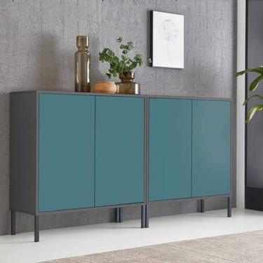 Sideboard Mailand 2 B: 158 Cm Petrol - Anthrazit/Petrol, MODERN, Holzwerkstoff (158/86/33cm) - MID.YOU